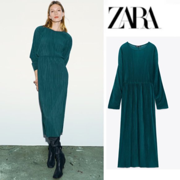 Zara Pleated Midi Dress Teal Sz Medium NWT - Picture 1 of 9